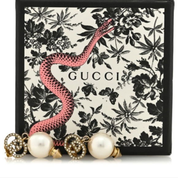 Auth Gucci Metal Crystal Pearl Interlocking G Earrings - Picture 2 of 5
